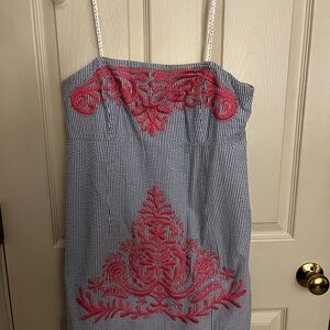 Seersucker Dress with Pink Embroidery